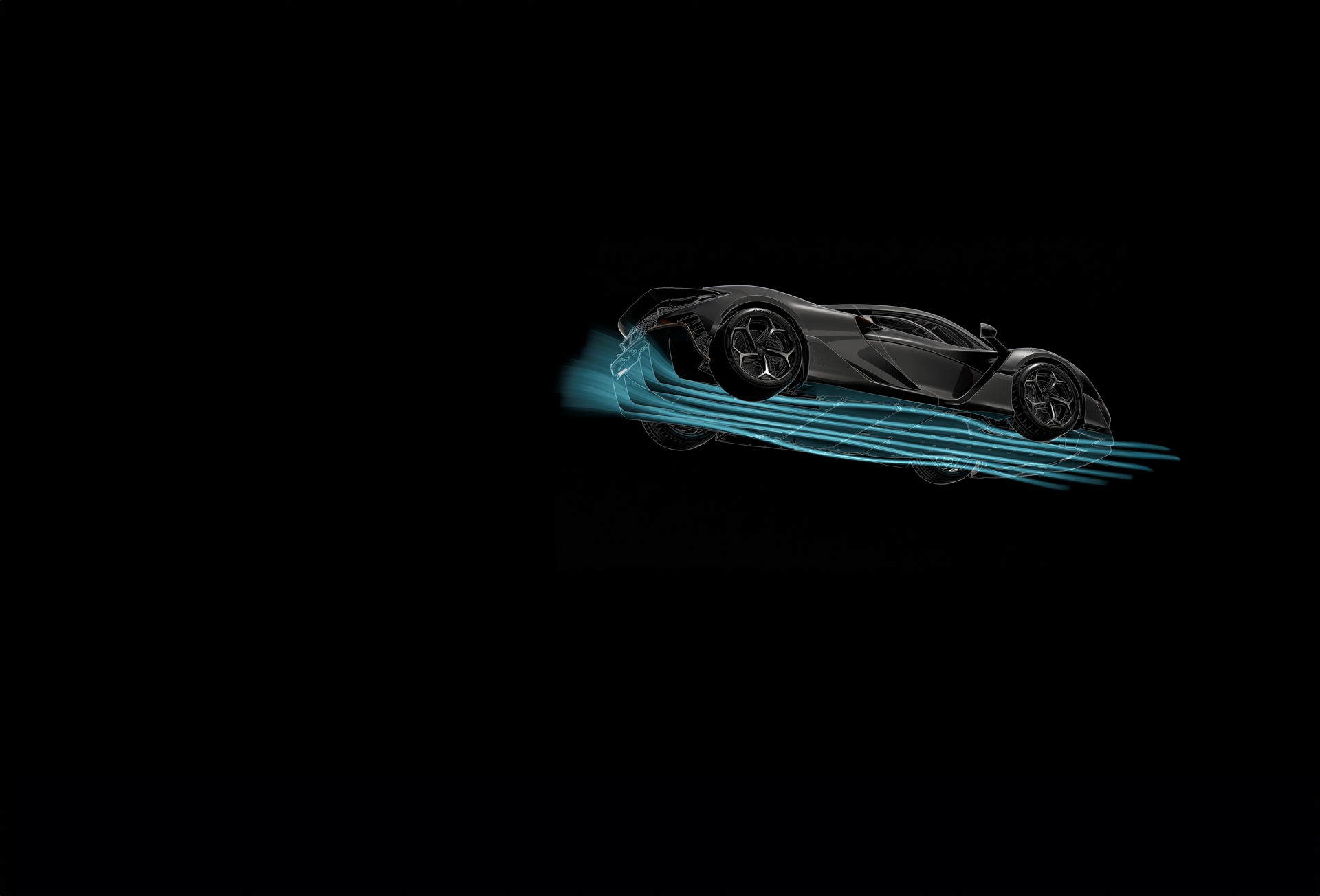 A black McLaren W1 is shown from the side in a digital illustration, with glowing blue lines trailing behind it to represent aerodynamic airflow at high speed.
