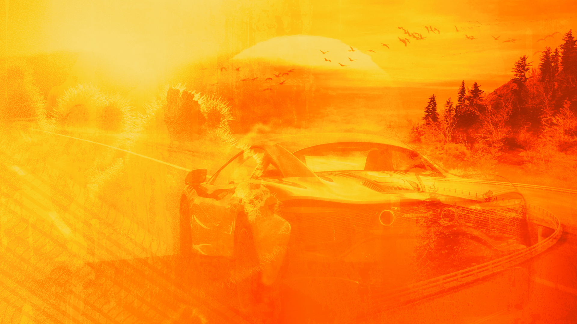 A dynamic, long-exposure action shot of a McLaren supercar driving on a dirt road, with a strong orange filter and blurred details that create a sense of speed and motion.