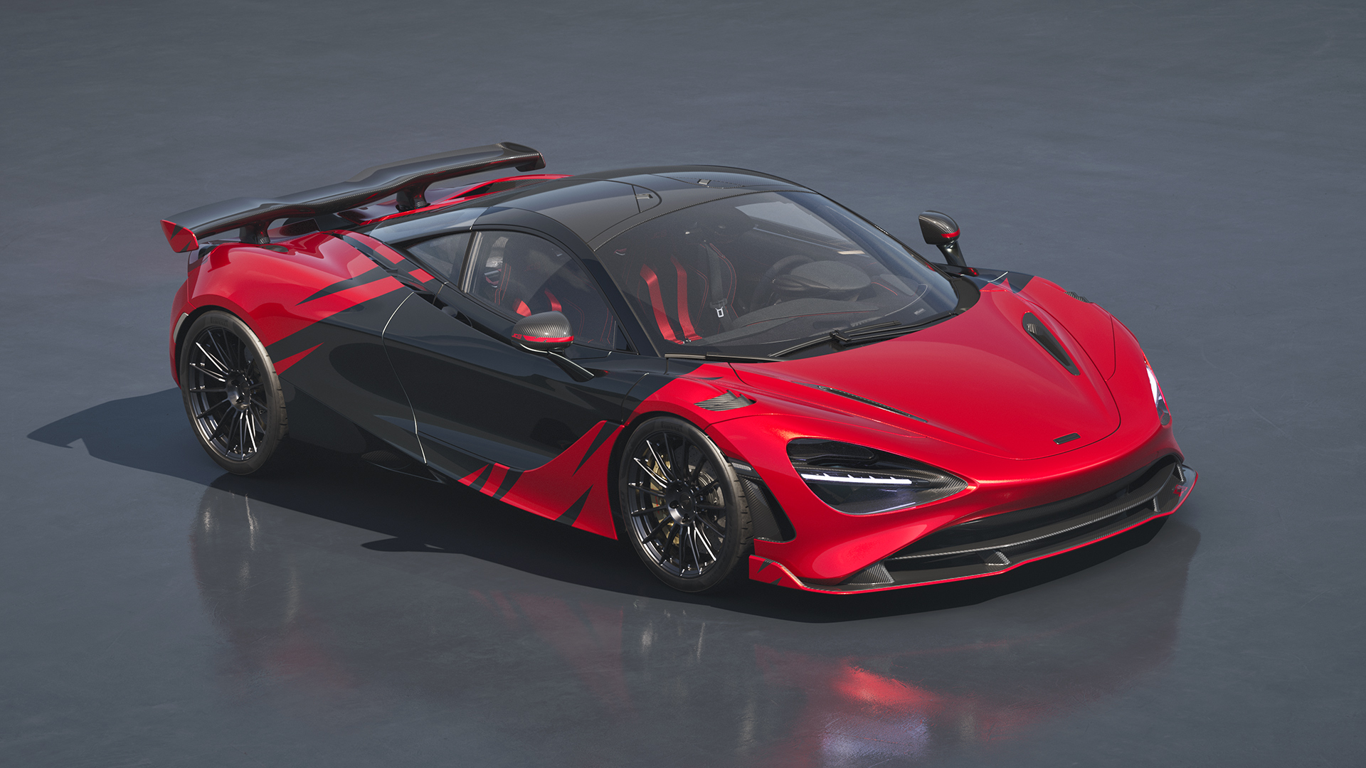 High-angle front view of the McLaren 750S JC96 Coupe, showcasing its exclusive red and black MSO livery.