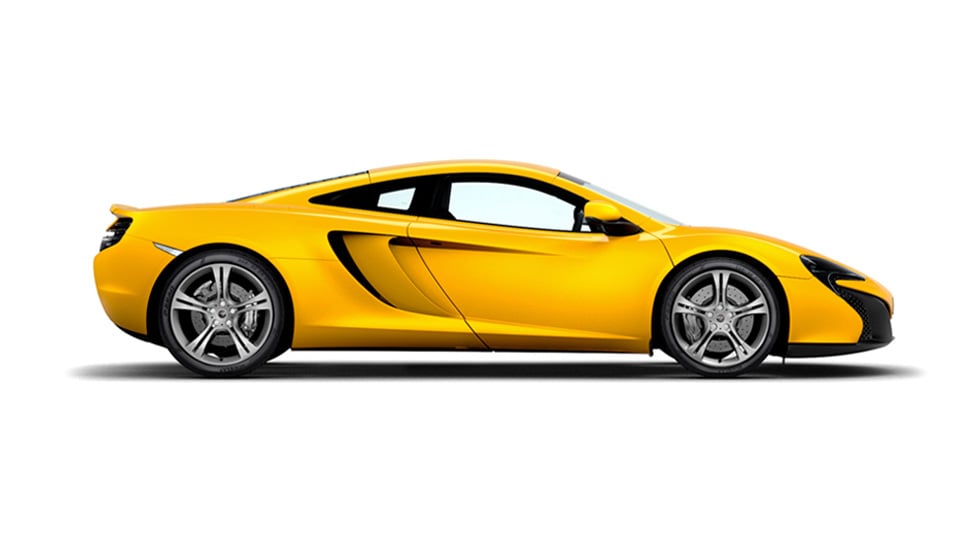 Side view of a yellow McLaren 650S, shown on a white background.