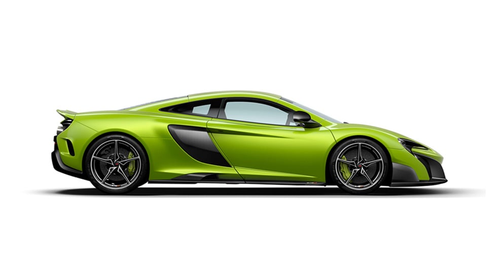 Side view of a lime green McLaren 675LT, shown on a white background.