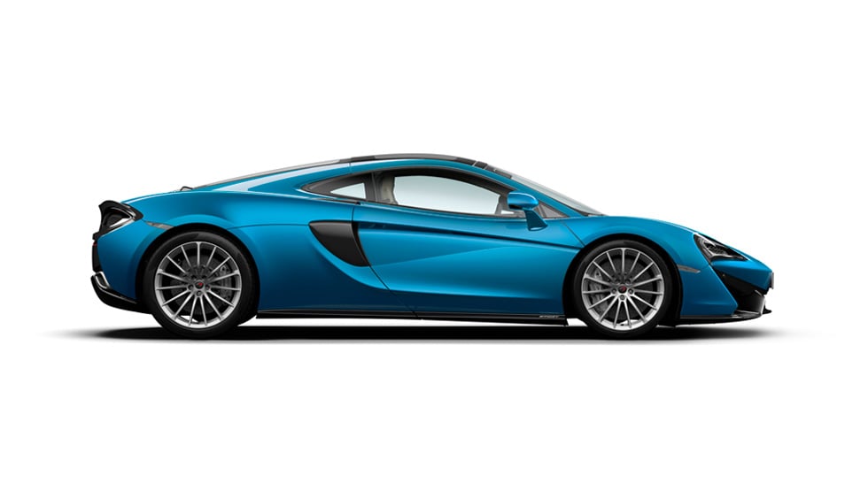 Side view of a blue McLaren 570GT, shown on a white background.