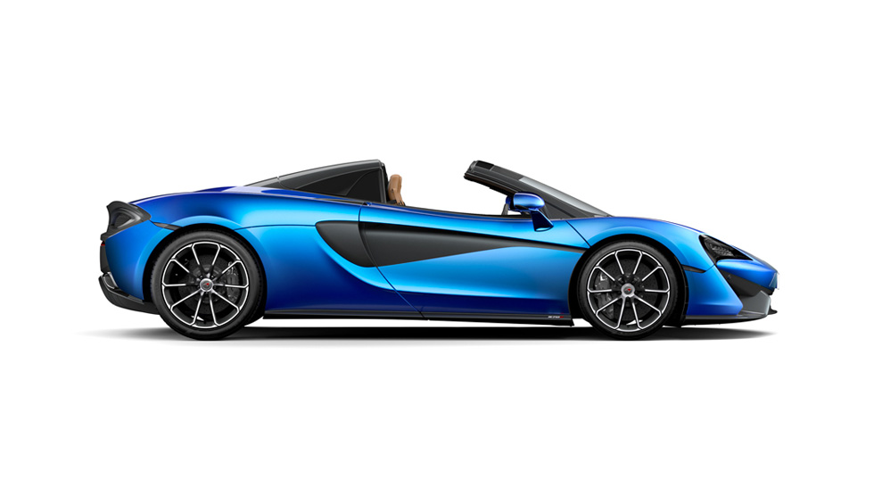 Side view of a bright blue McLaren 570S Spider, shown on a white background.