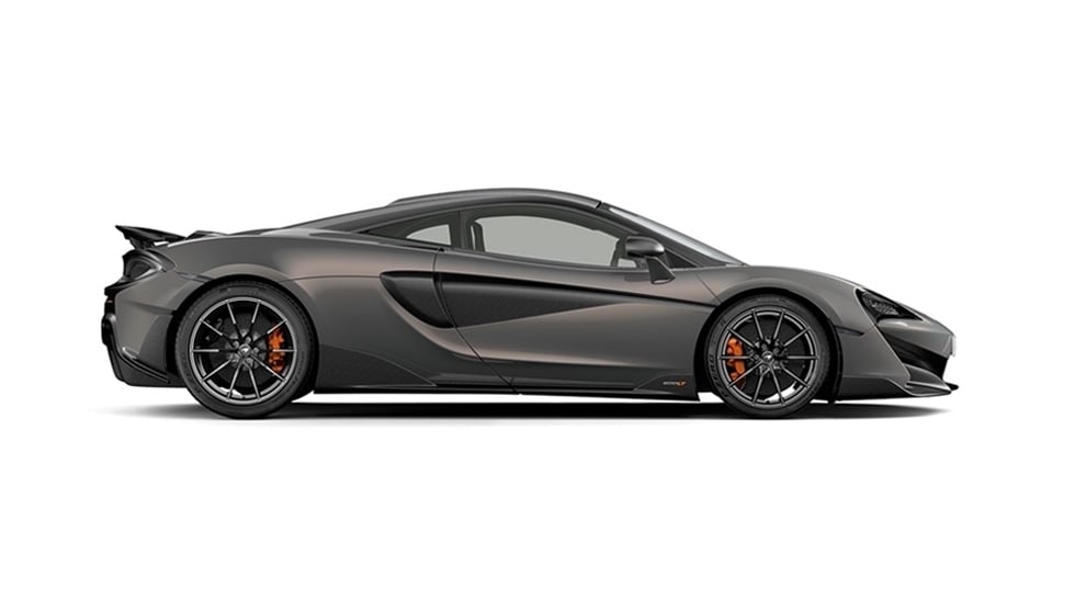 Side view of a grey McLaren 600LT, shown on a white background.