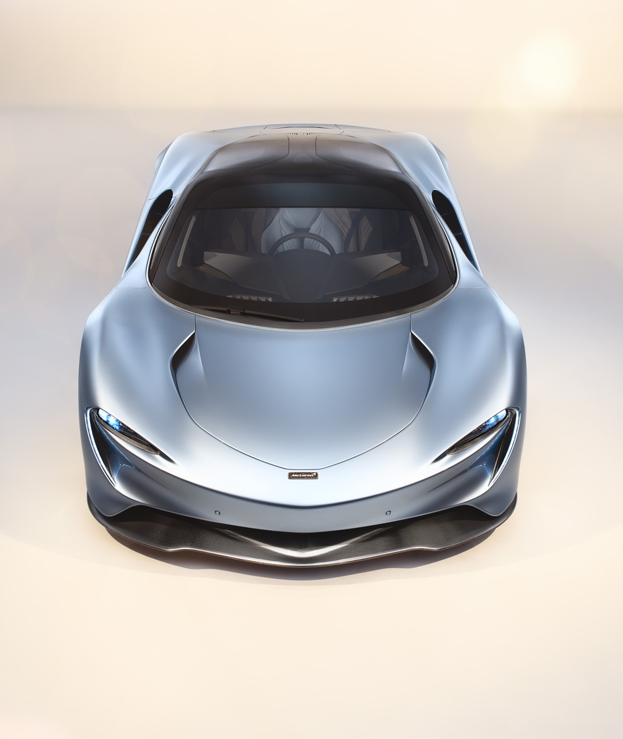 The McLaren Speedtail's front, highlighting its streamlined design, viewed from above in a clean studio setting.