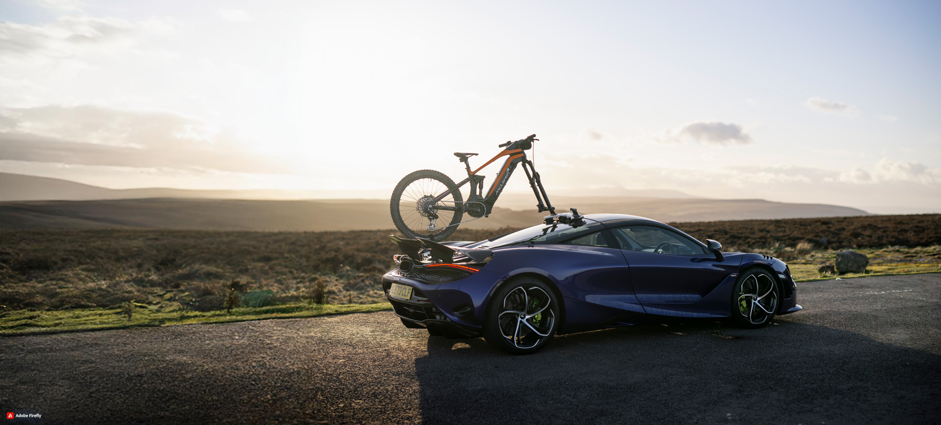 An Extreme model McLaren E-Bike attached to the roof and rear of a navy blue McLaren 720S. Overlooking heathland and hills at sunrise.